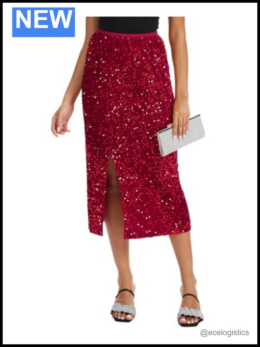 Sequin Velvet Midi Skirt High Waist Split Hem A-Line Women's Sparkly Party